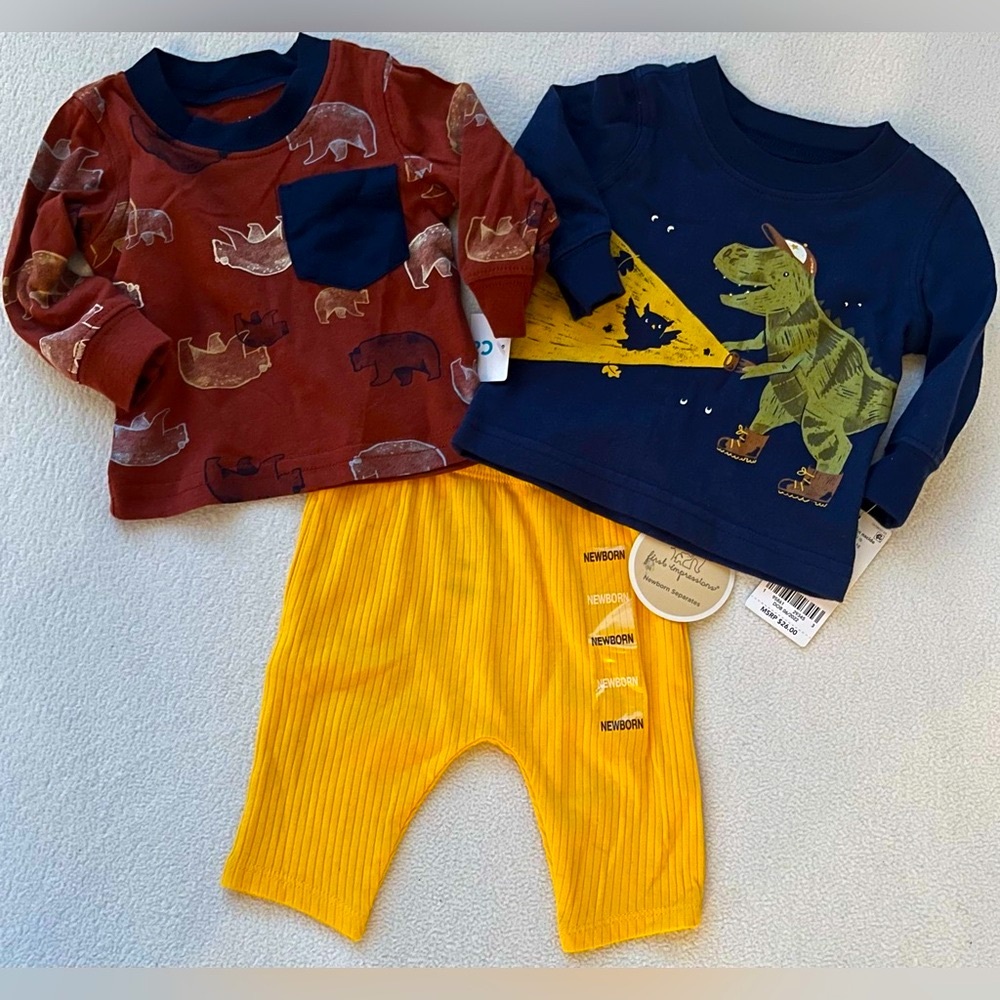 Boys Newborn 3 Pc Set Dinosaur & Bear Pocket Long Sleeve T, Yellow Pant NWT
